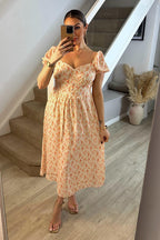 Cream Floral Print Puff Sleeve Milkmaid Midi Dress