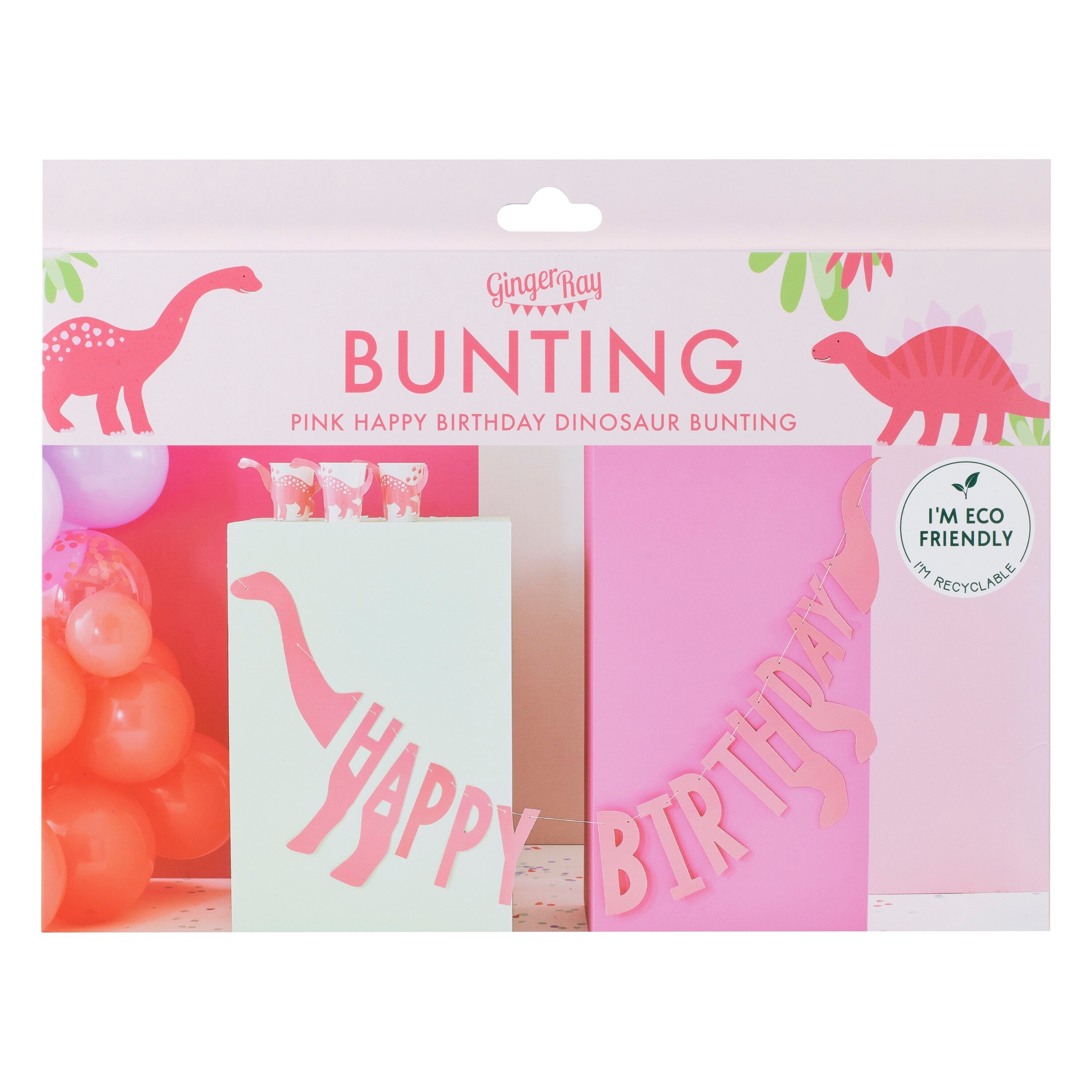 Pink Happy Birthday Dinosaur Shaped Bunting- 5 Inner Pack