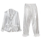 White Satin Pyjamas with Feather Trims - Small- 5 Inner Pack