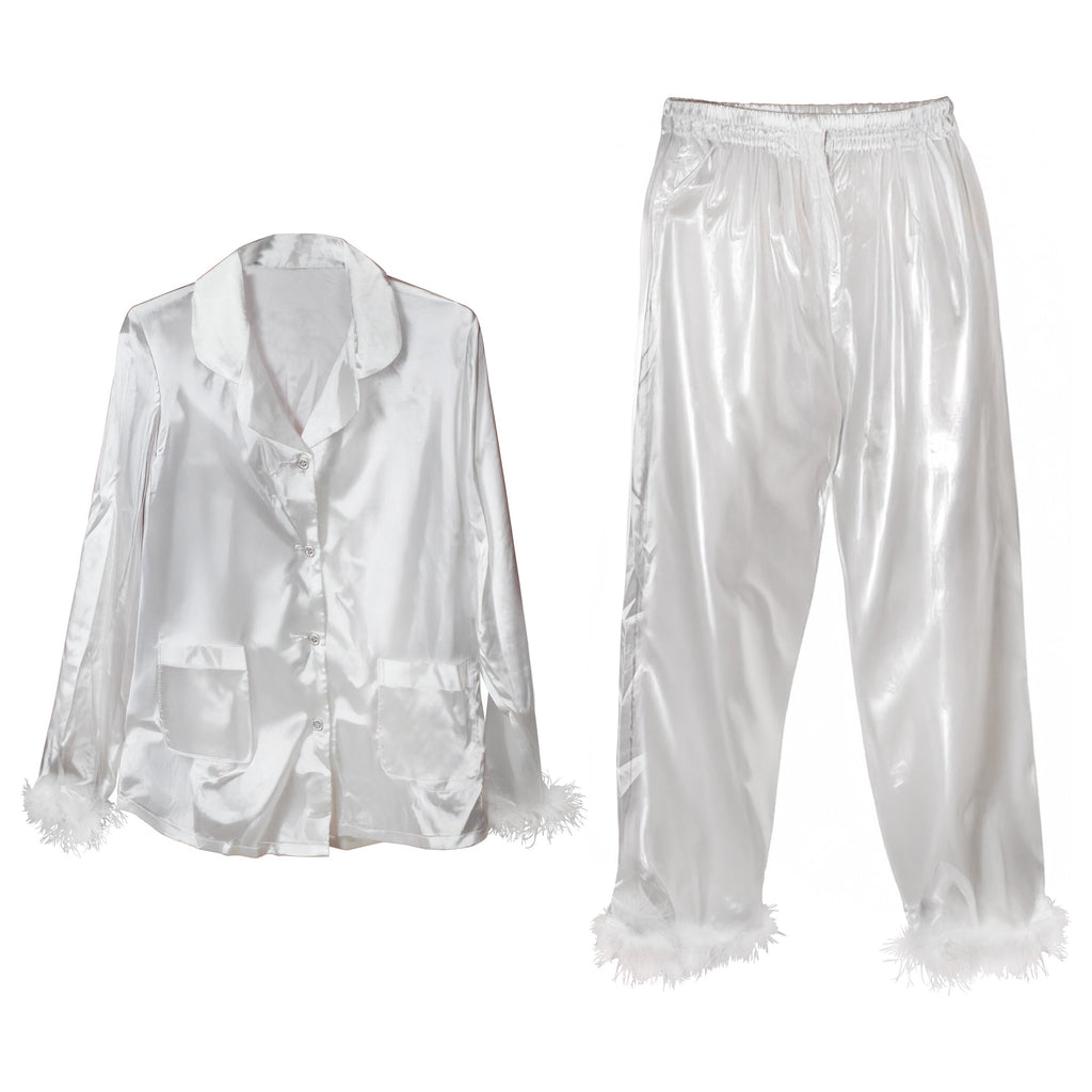 White Satin Pyjamas with Feather Trims - Medium- 5 Inner Pack