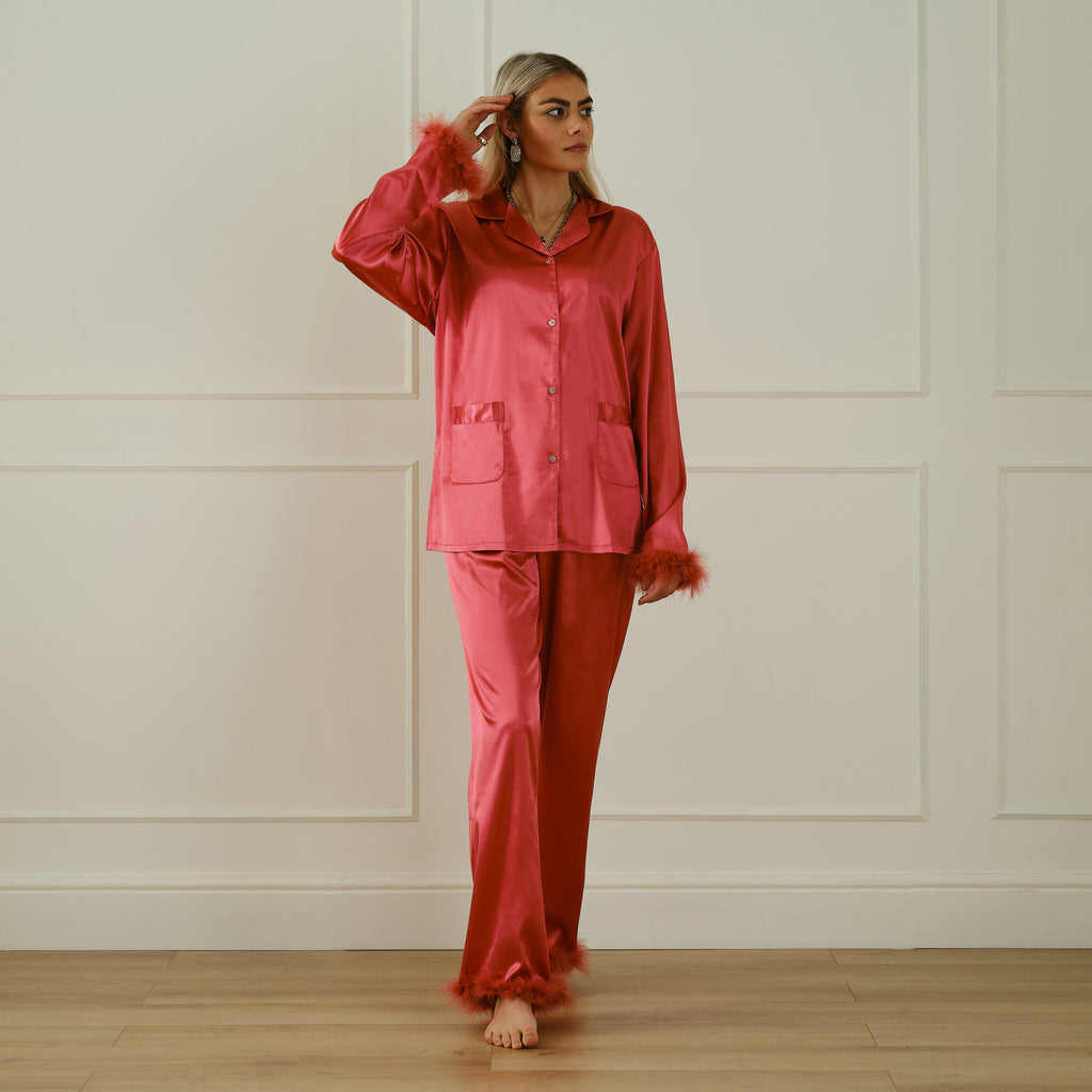 Pink Satin Pyjamas with Feather Trims - Small