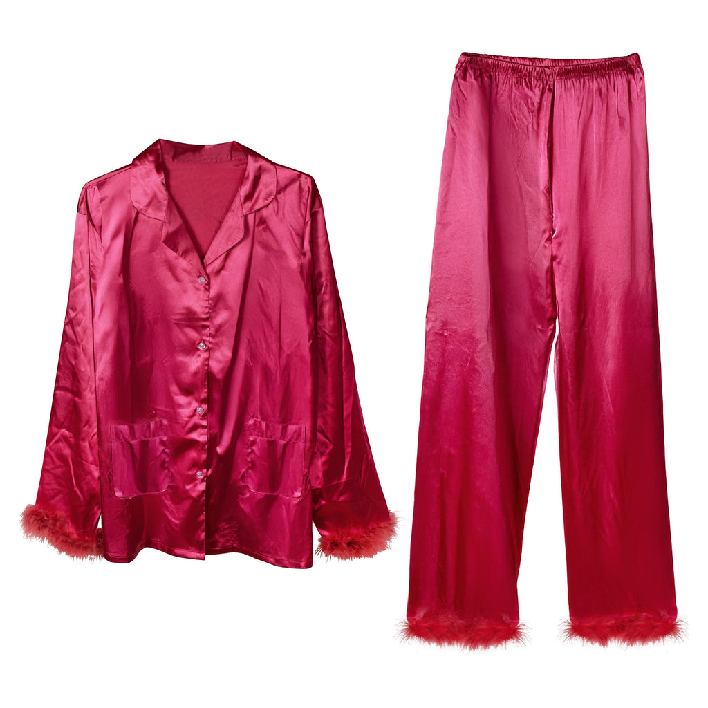 Pink Satin Pyjamas with Feather Trims - Small