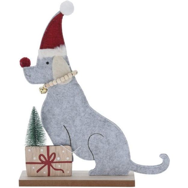 Dog With Christmas Hat 32cm Grey - Beales department store