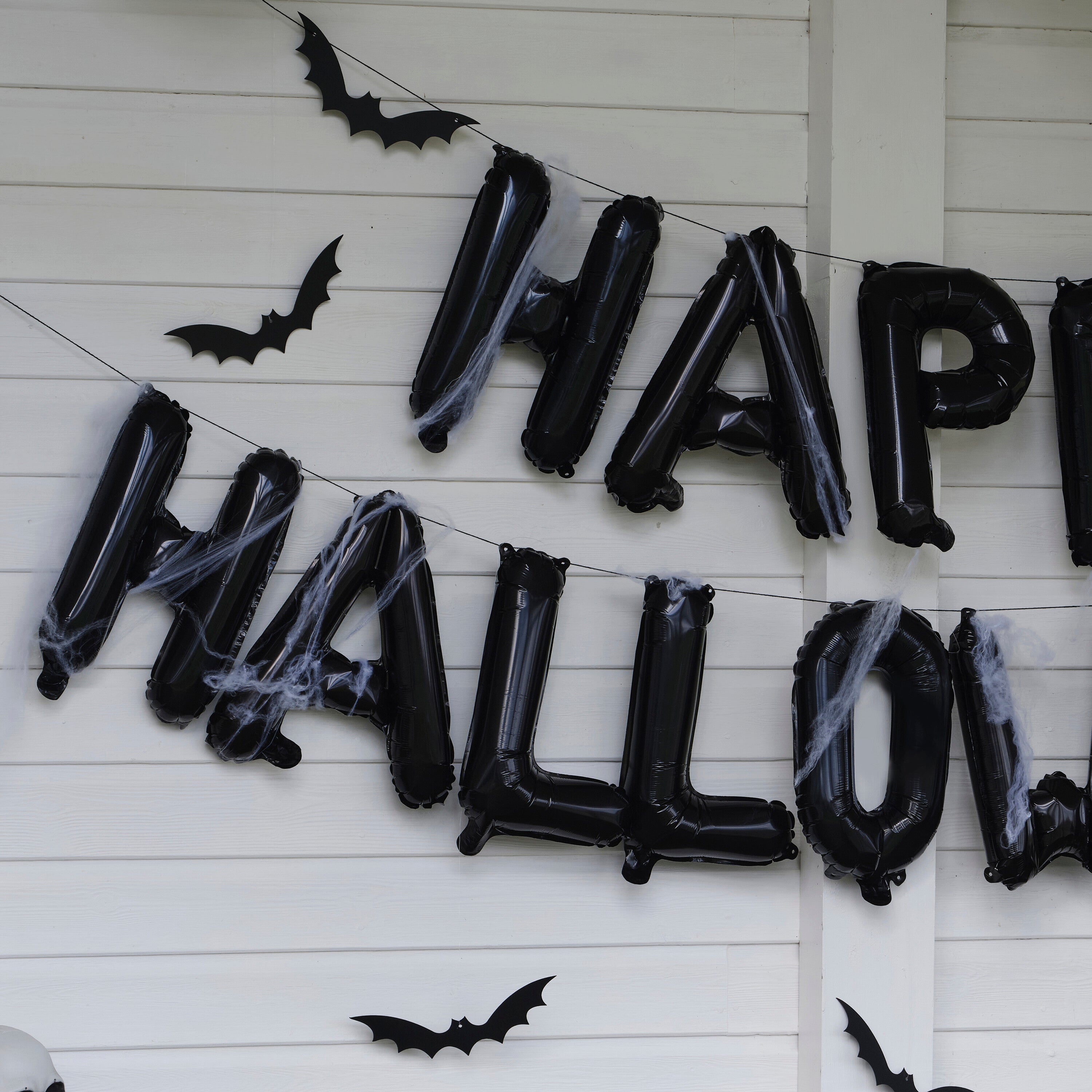 Happy Halloween Balloon Bunting with Hanging Bats and Cobwebs- 5 Inner Pack