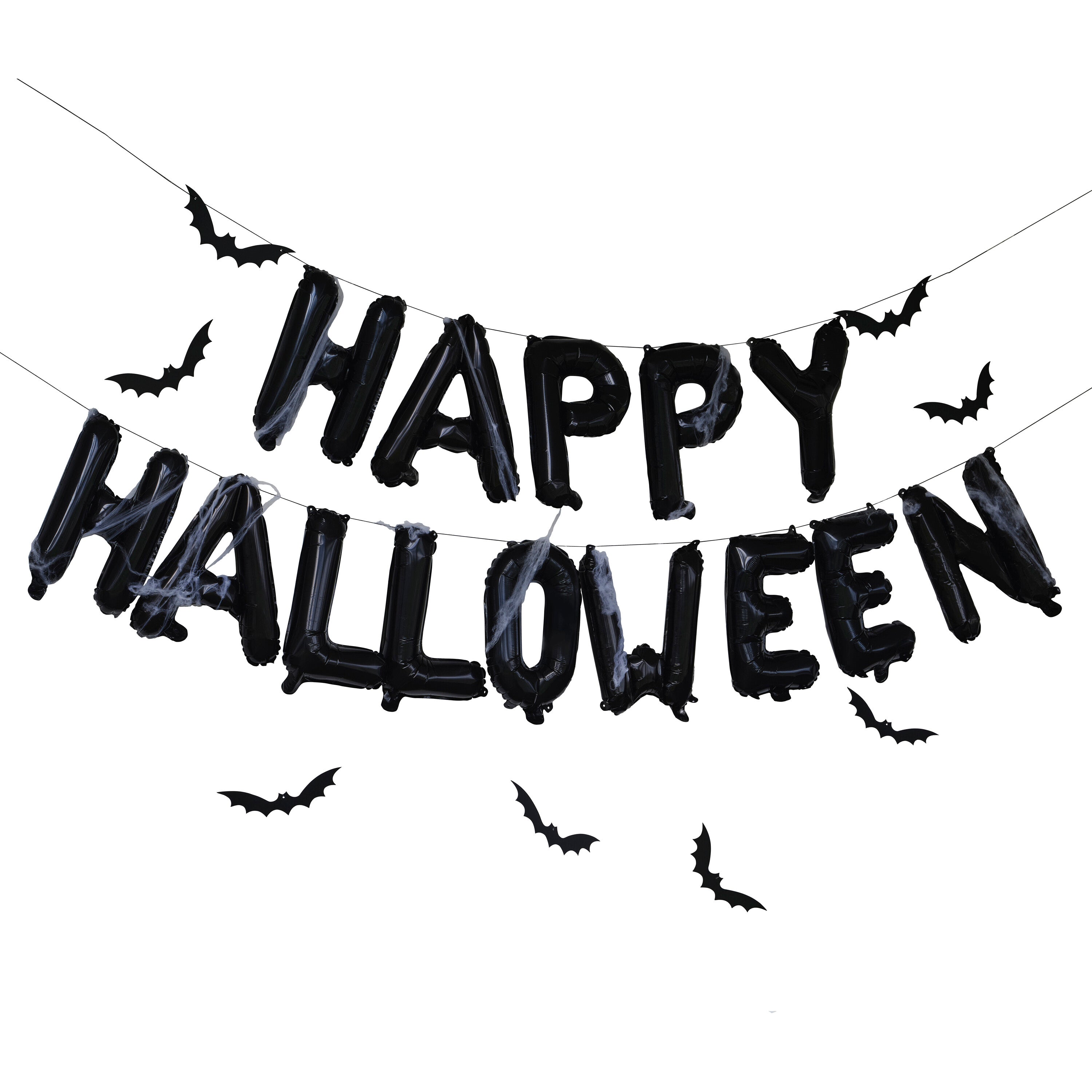 Happy Halloween Balloon Bunting with Hanging Bats and Cobwebs- 5 Inner Pack