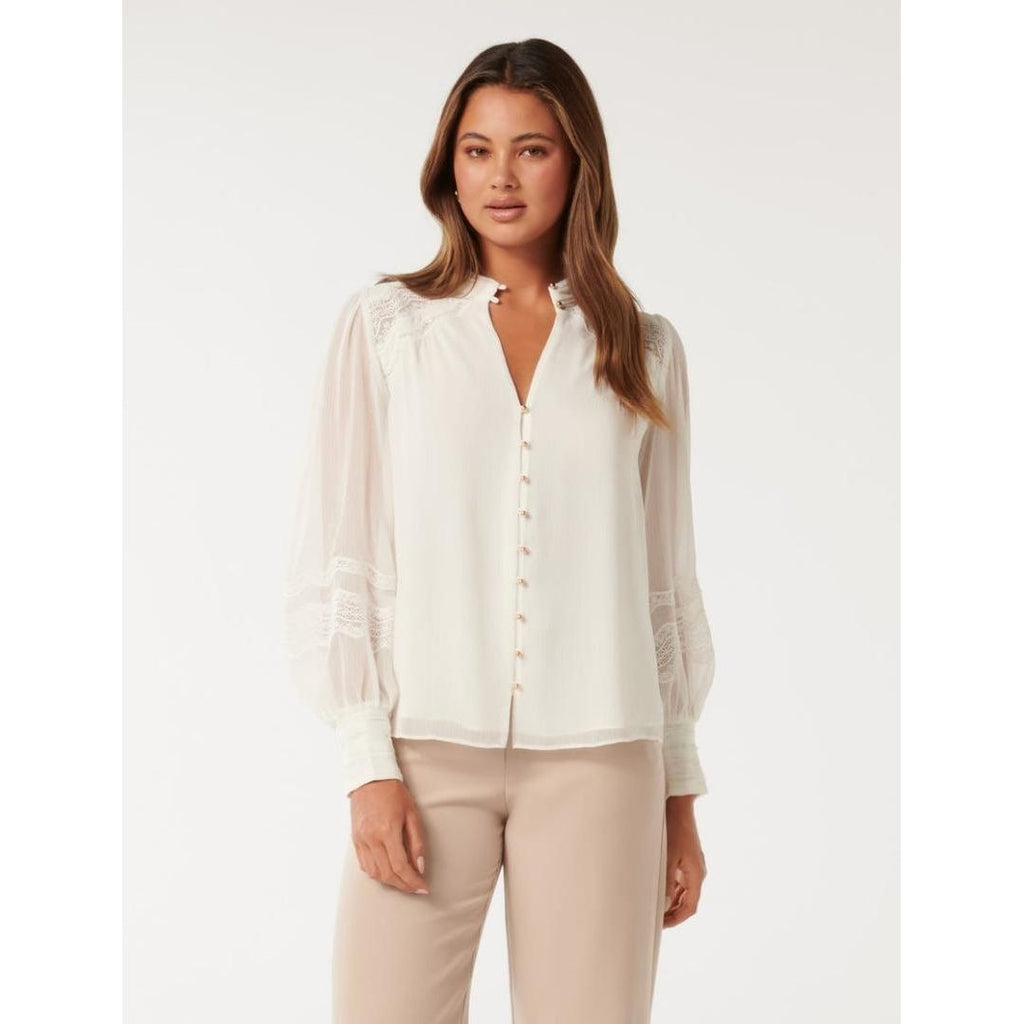 Forever New Wendy Wave Trim Blouse - Porcelain - Beales department store