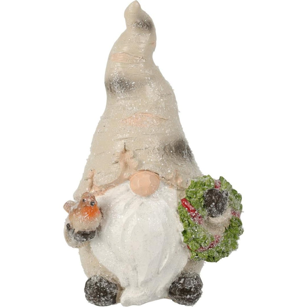 Gnome With Birch Cap 16cm Holding Bird & Wreath - Beales department store