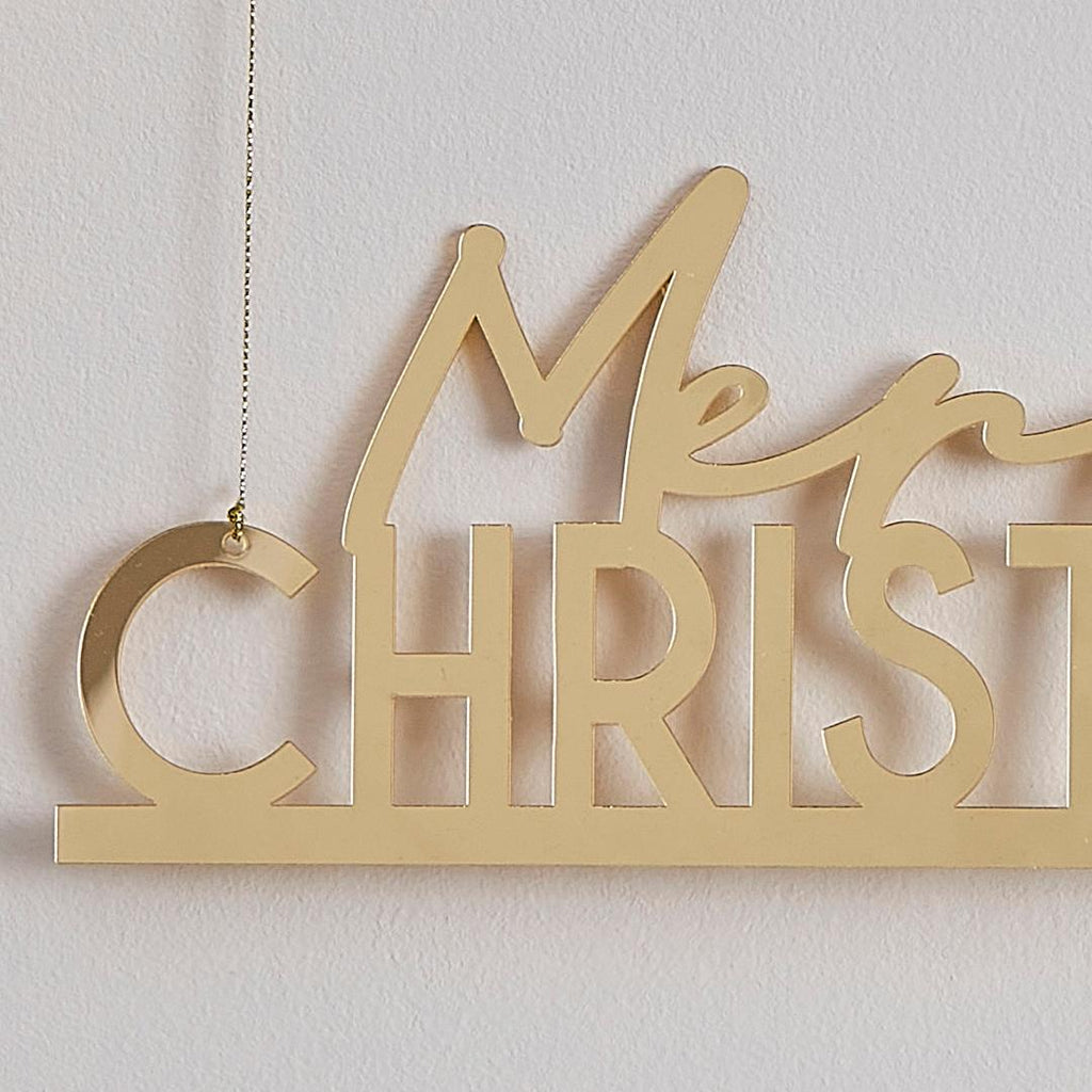 Gold Acrylic Merry Christmas Hanging Decoration with Mistletoe - Beales department store