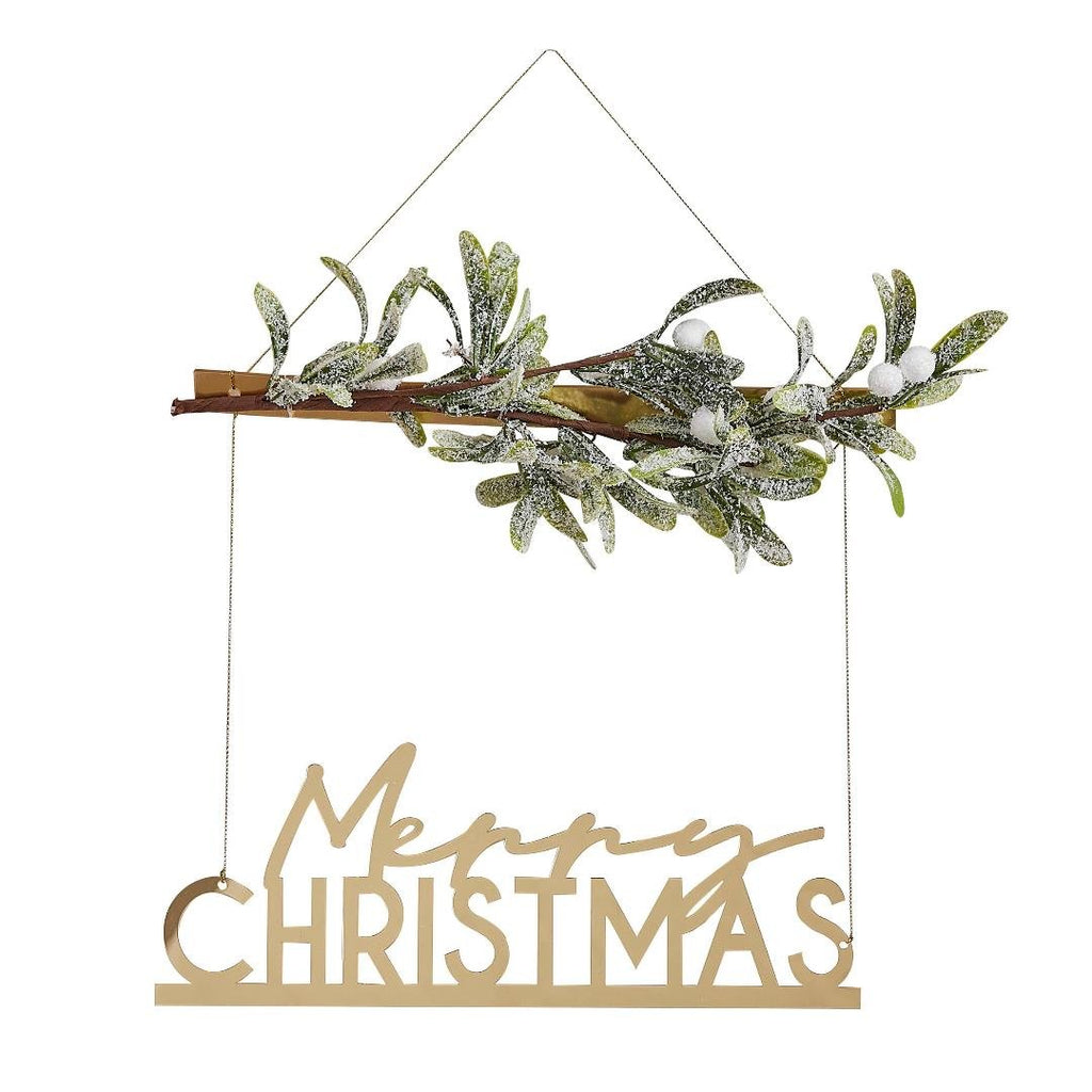 Gold Acrylic Merry Christmas Hanging Decoration with Mistletoe - Beales department store