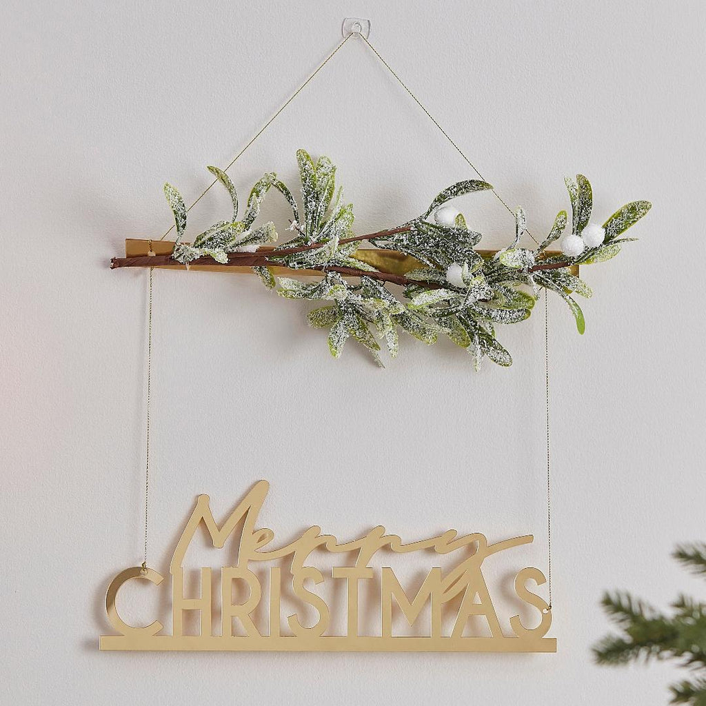 Gold Acrylic Merry Christmas Hanging Decoration with Mistletoe - Beales department store