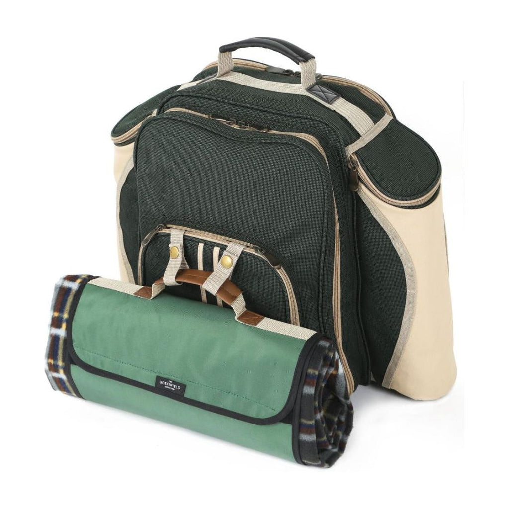 Greenfield Collection Forest Green Deluxe Picnic Hamper Backpack (4 person) - Beales department store