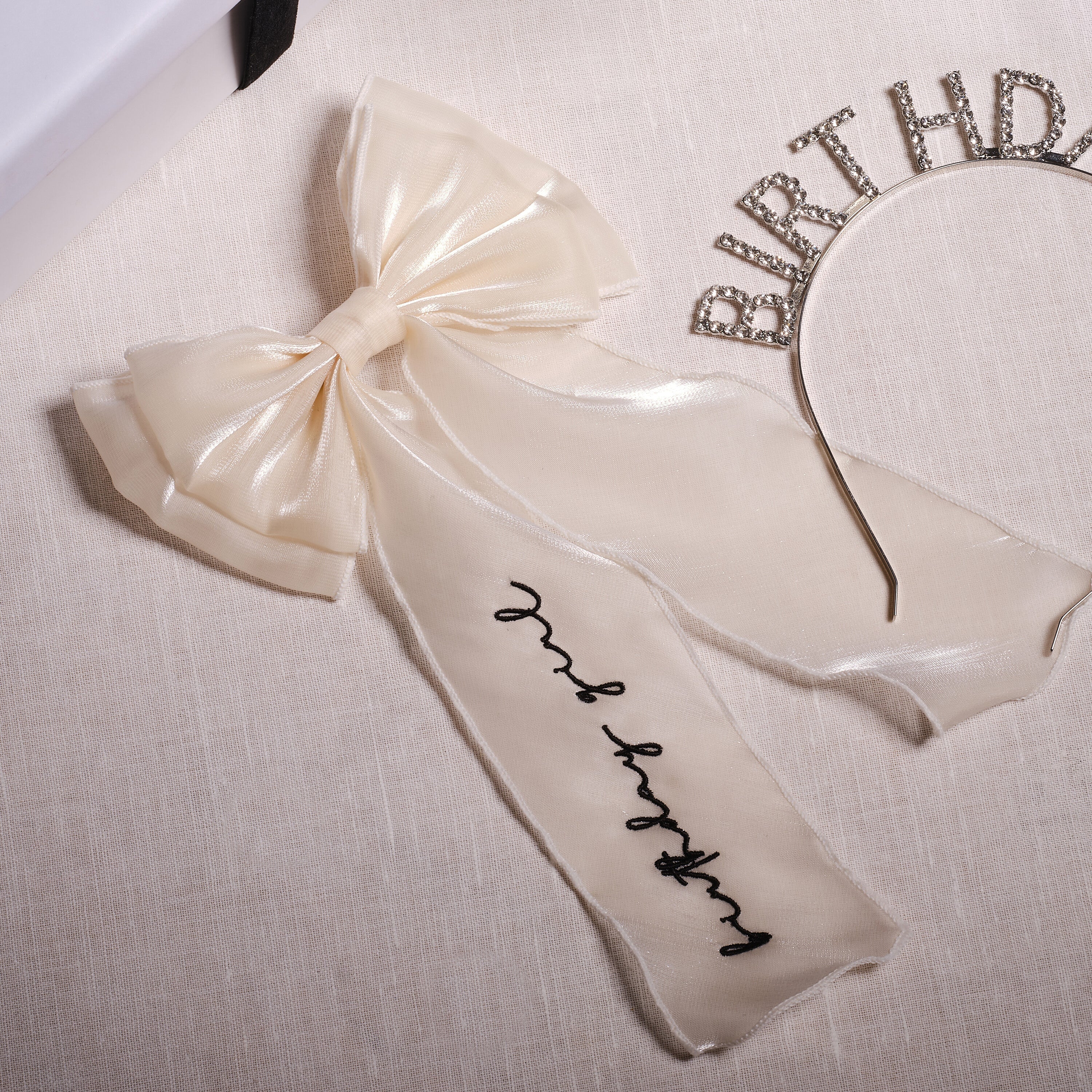 Ivory Embroidered 'Birthday Girl' Hair Bow- 5 Inner Pack