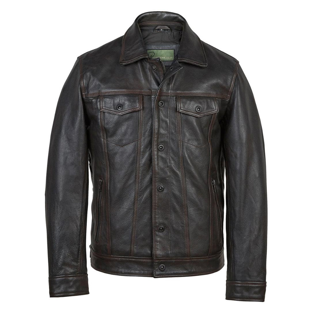 Hide Park Elvis Men’s Black Antique Denim Style Leather Jacket - Beales department store