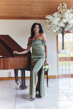Olive Satin Bardot Ruched Maxi Dress