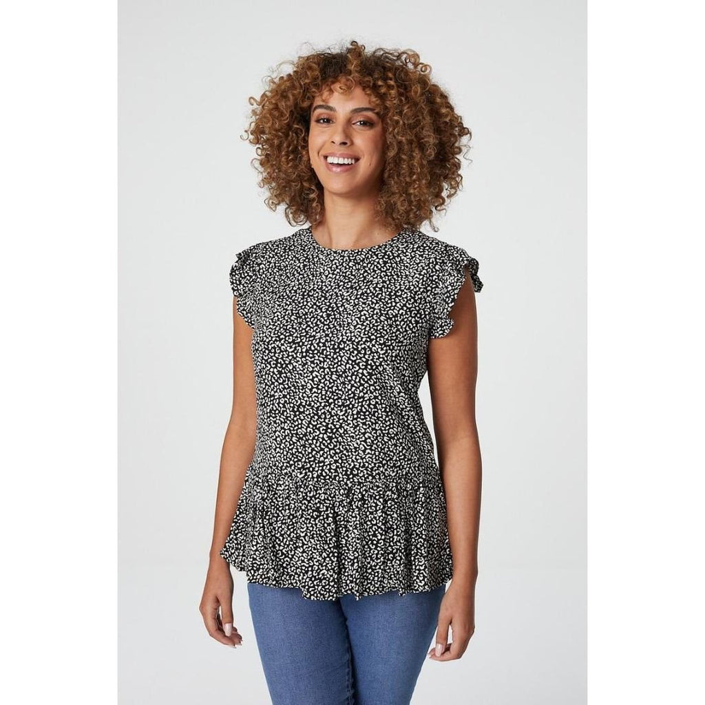 Izabel London Animal Print Peplum Blouse Top In Black - Beales department store