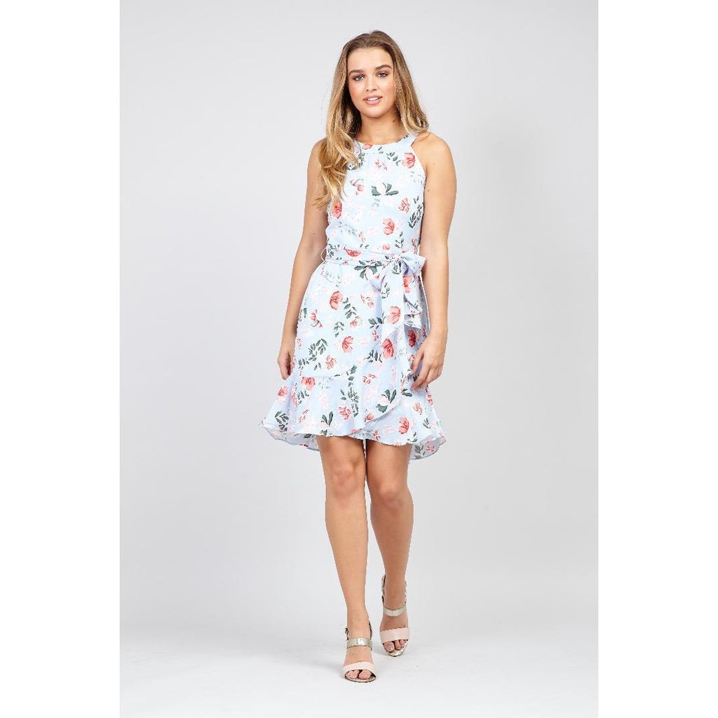 Izabel London Floral Pephem Tea Dress Blue - Beales department store