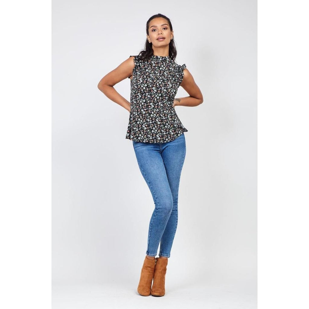 Izabel London Floral Ruffle Neck Top Black - Beales department store