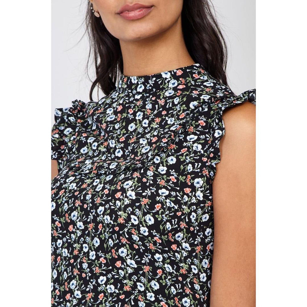 Izabel London Floral Ruffle Neck Top Black - Beales department store