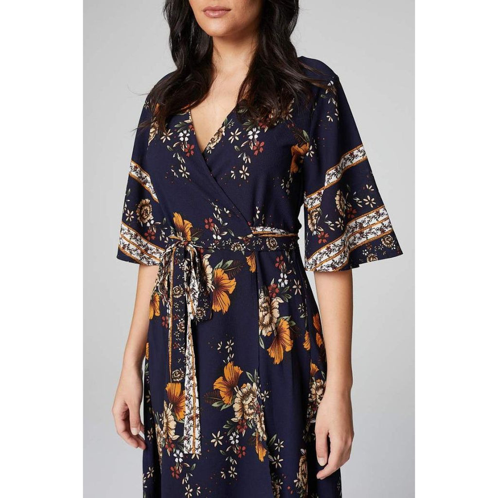 Izabel London Floral Wrap Front Midi Dress In Navy - Beales department store