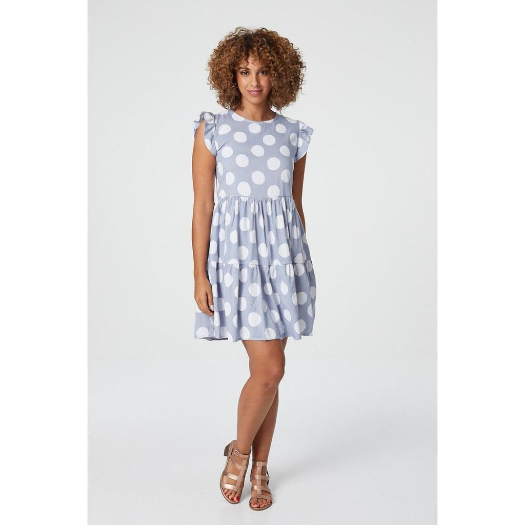 Izabel London Polka Dot Frill Sleeve Smock Dress In Blue - Beales department store