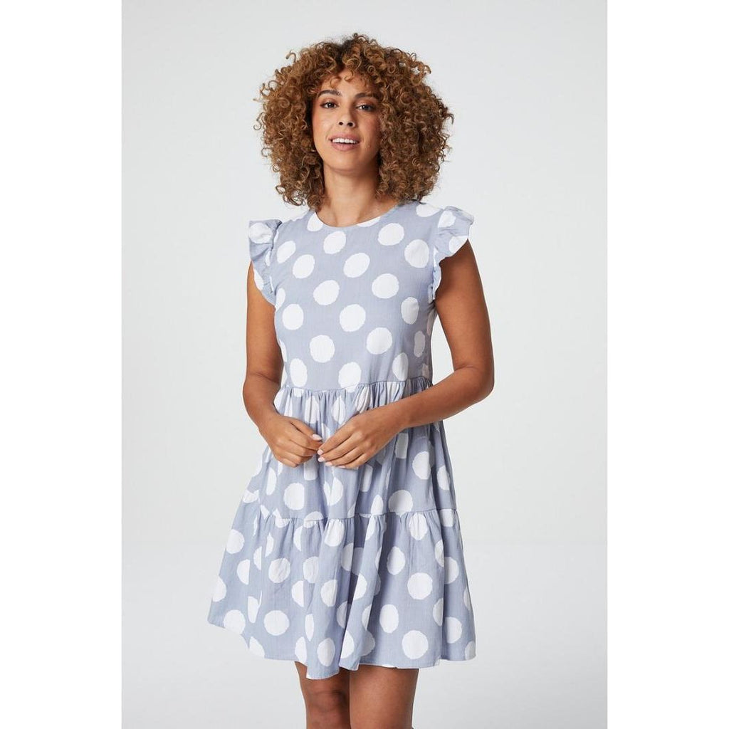 Izabel London Polka Dot Frill Sleeve Smock Dress In Blue - Beales department store