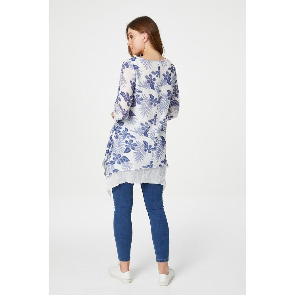 Izabel London Tropical Print Layered Hem Tunic Blue - Beales department store