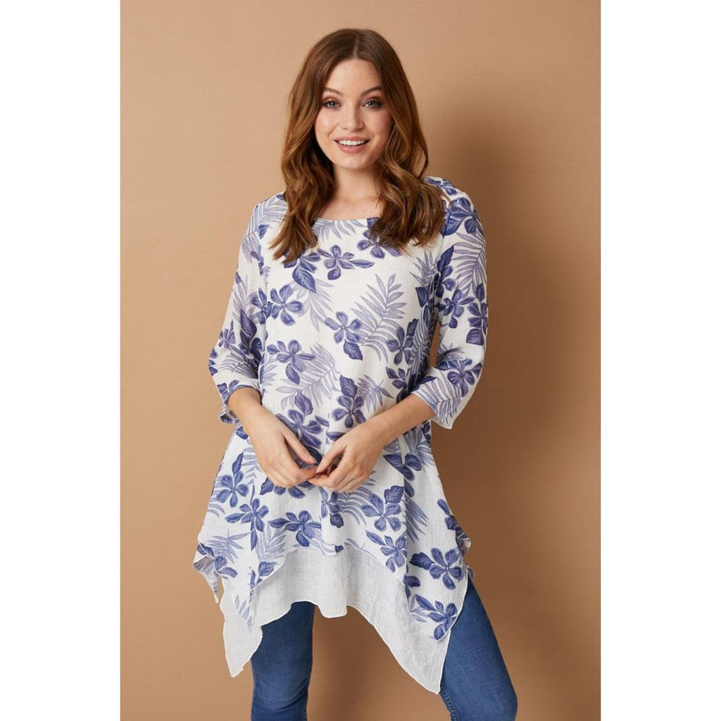 Izabel London Tropical Print Layered Hem Tunic Blue - Beales department store