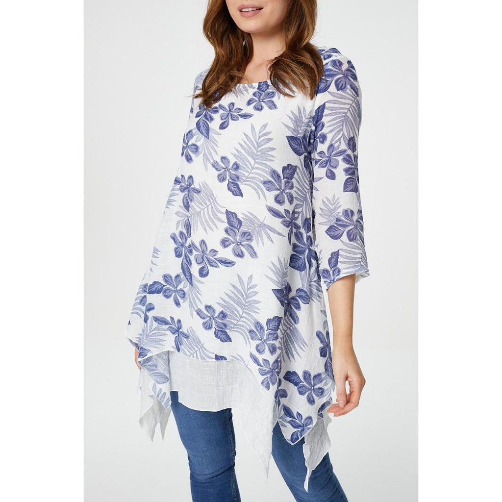 Izabel London Tropical Print Layered Hem Tunic Blue - Beales department store