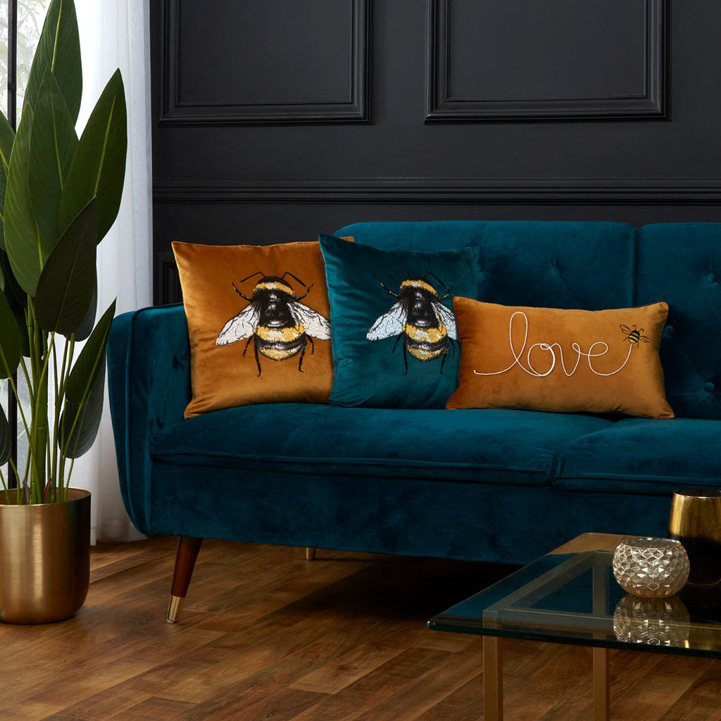 Ochre Velvet Bumblebee Embroidered Cushion (43cm x 43cm)
