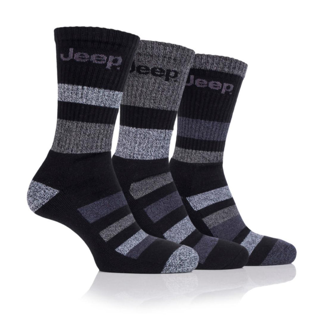 Jeep Mens 3pr Jeep Cotton Rich Stripe Socks - Black Charcoal - Beales department store