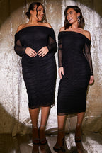 Mesh Bardot Ruched Midi Dress