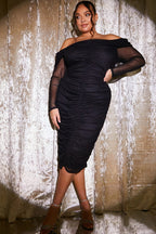 Mesh Bardot Ruched Midi Dress