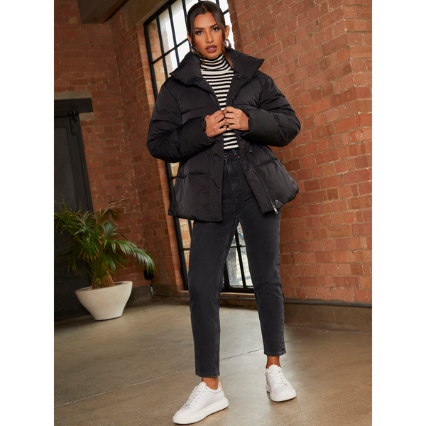 Chi Chi London Shirred Waist Short Padded Jacket in Black