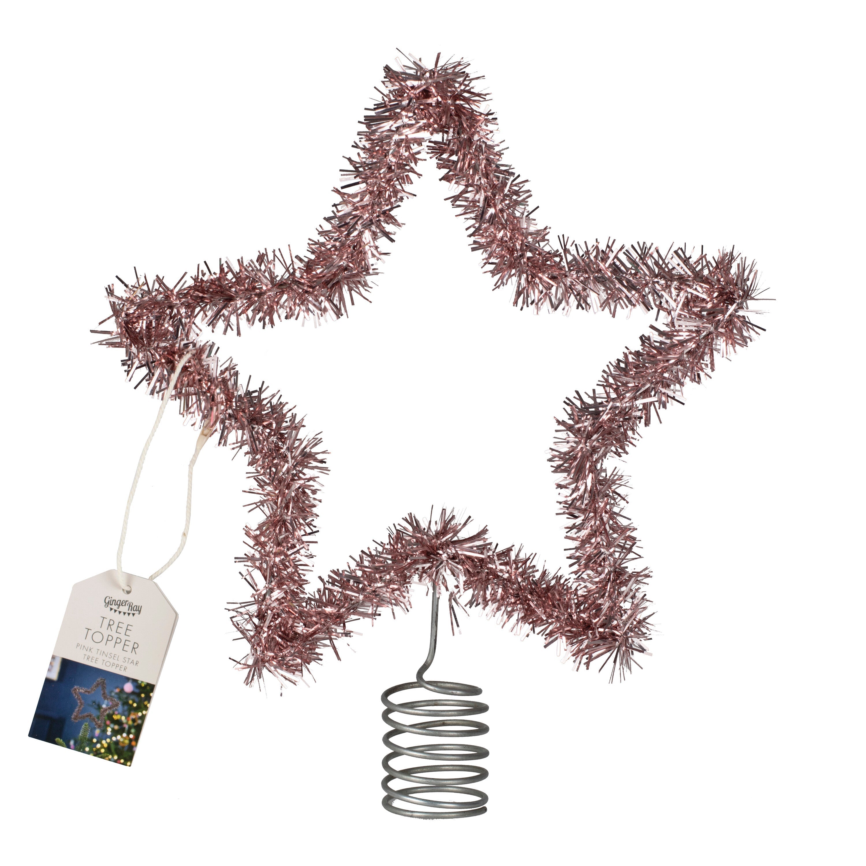 Pink Tinsel Christmas Tree Star Topper- 5 Inner Pack