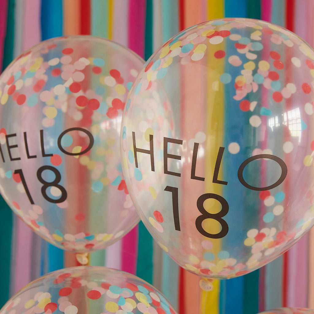 Hello 18 Rainbow Confetti 18th Birthday Balloons- 5 Inner Pack
