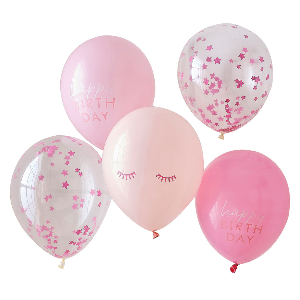 Pink Confetti Happy Birthday Balloons- 5 Inner Pack