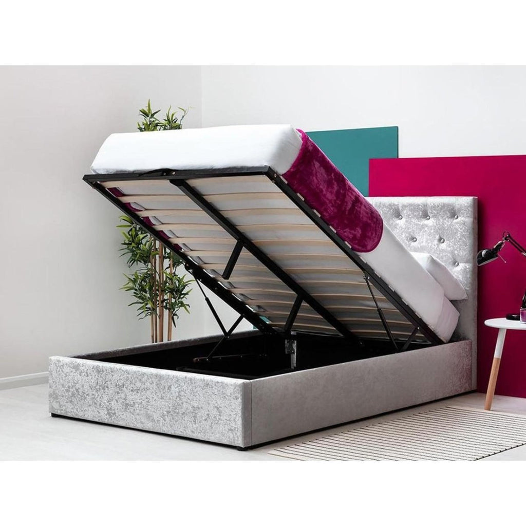 Parwich Crushed Silver Velvet Storage Ottoman Bed - Beales department store