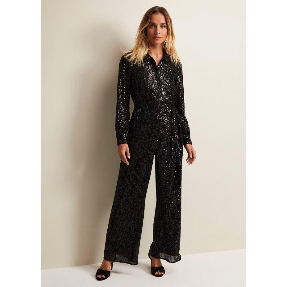 Phase Eight Alessandra Black Sequin Shirt Jumpsuit - Black - Beales department store