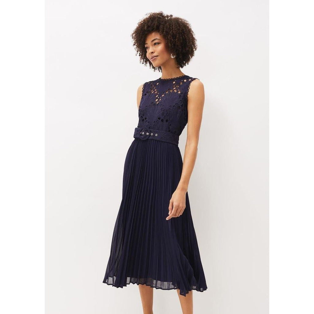 Phase Eight Amora Lace Bodice Pleated Dress - Navy - Beales department store