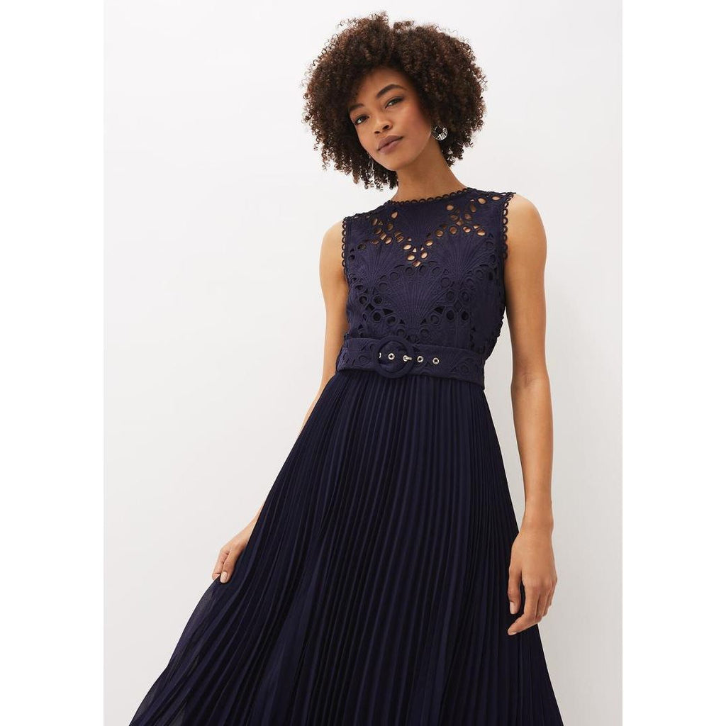 Phase Eight Amora Lace Bodice Pleated Dress - Navy - Beales department store