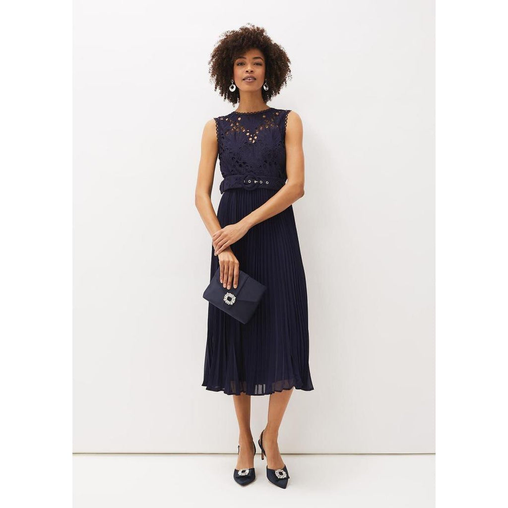 Phase Eight Amora Lace Bodice Pleated Dress - Navy - Beales department store