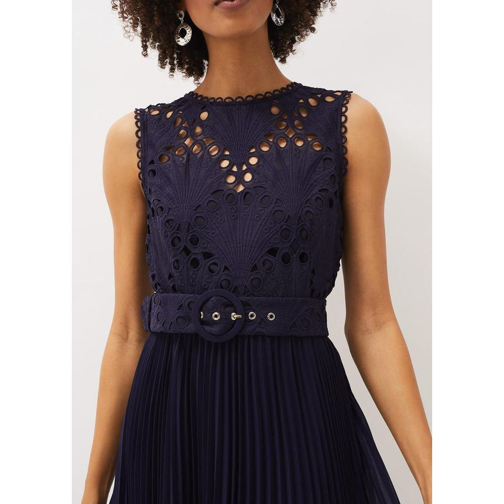 Phase Eight Amora Lace Bodice Pleated Dress - Navy - Beales department store