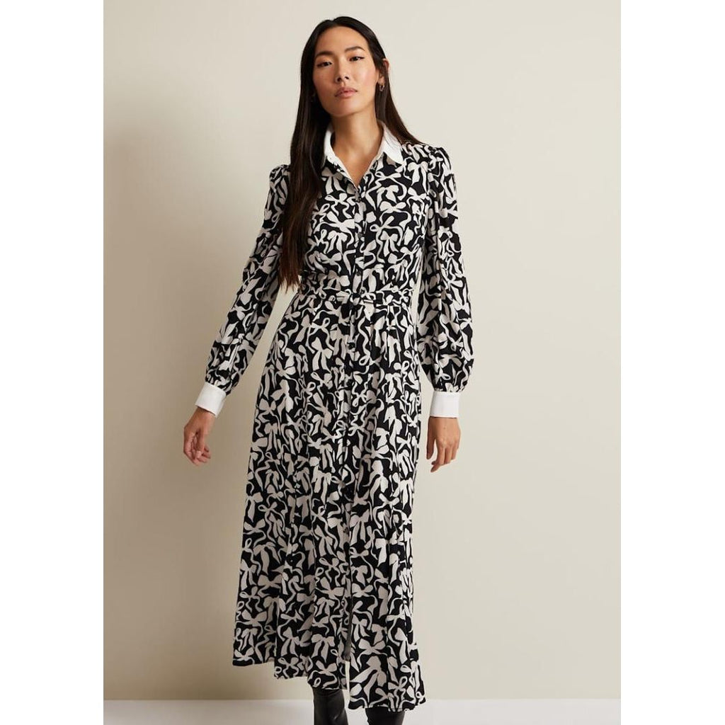 Phase Eight Bonnie Black Bow Shirt Midi Dress - Black/Ivory - Beales department store