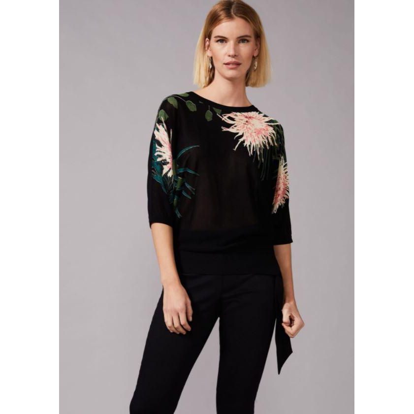 Phase Eight Breanna Floral Tie Side Knit Top - Black - Beales department store