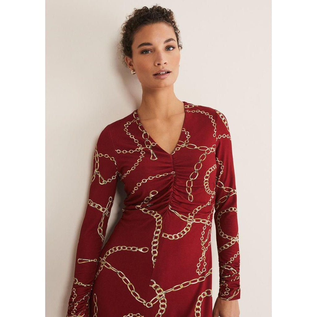 Phase Eight Cheska Chain Print Ruched Dress - Dark Red - Beales department store