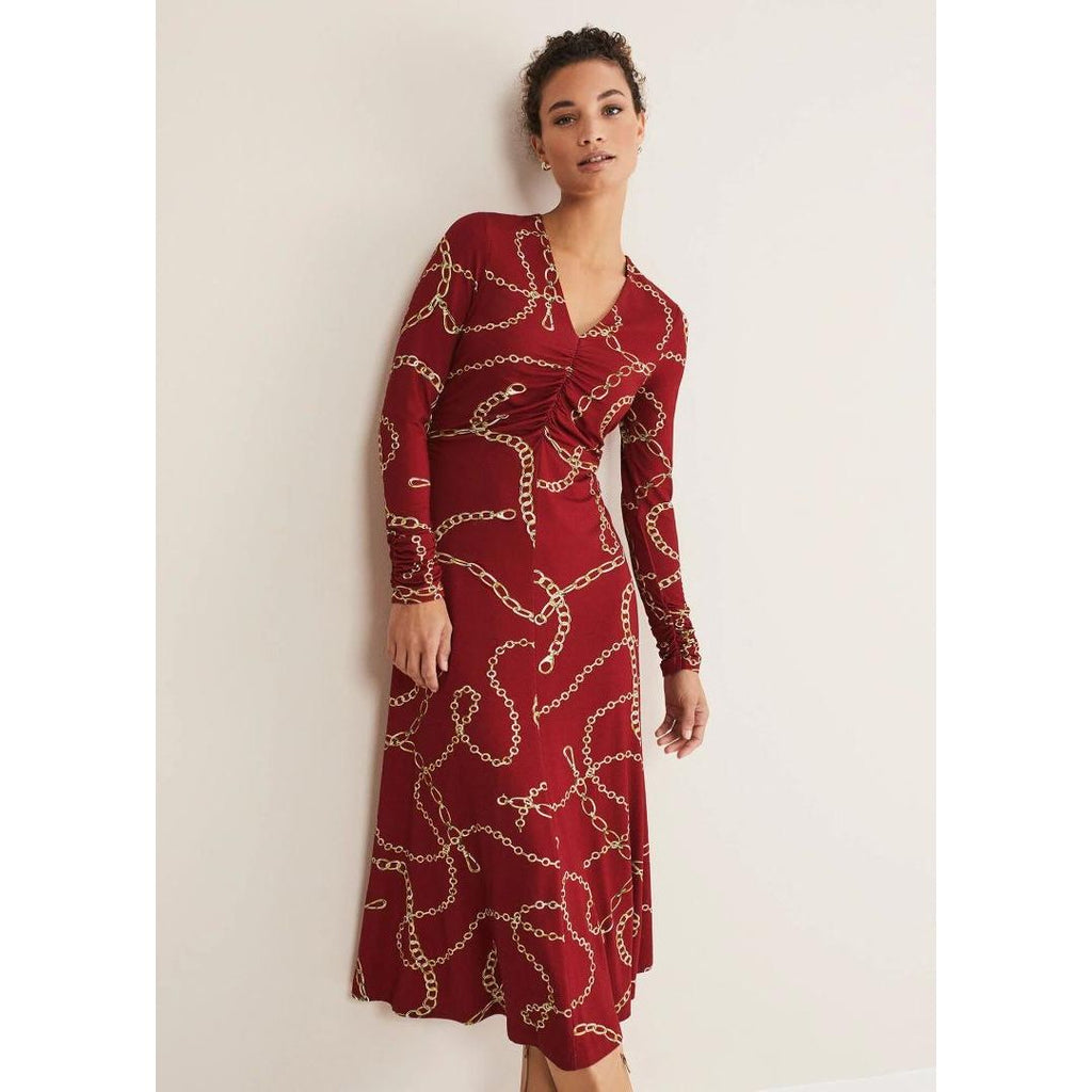 Phase Eight Cheska Chain Print Ruched Dress - Dark Red - Beales department store