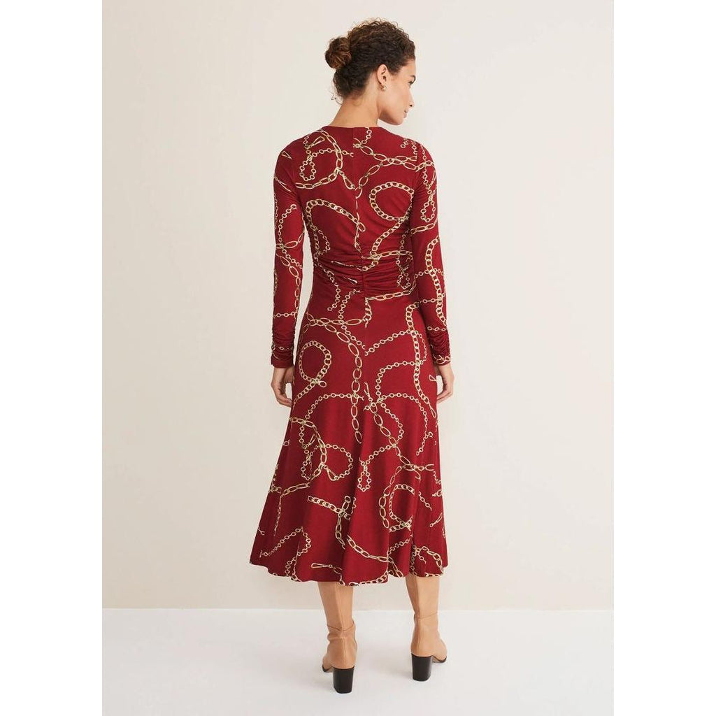 Phase Eight Cheska Chain Print Ruched Dress - Dark Red - Beales department store