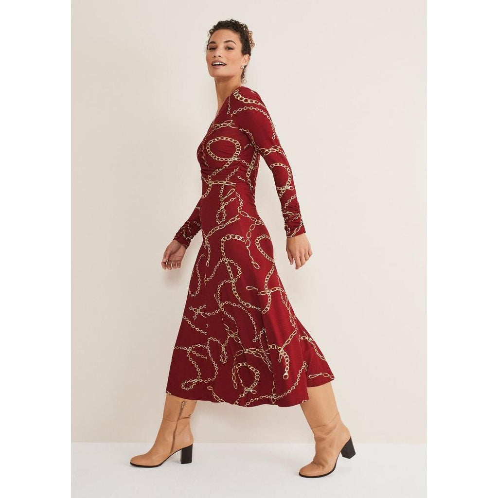 Phase Eight Cheska Chain Print Ruched Dress - Dark Red - Beales department store