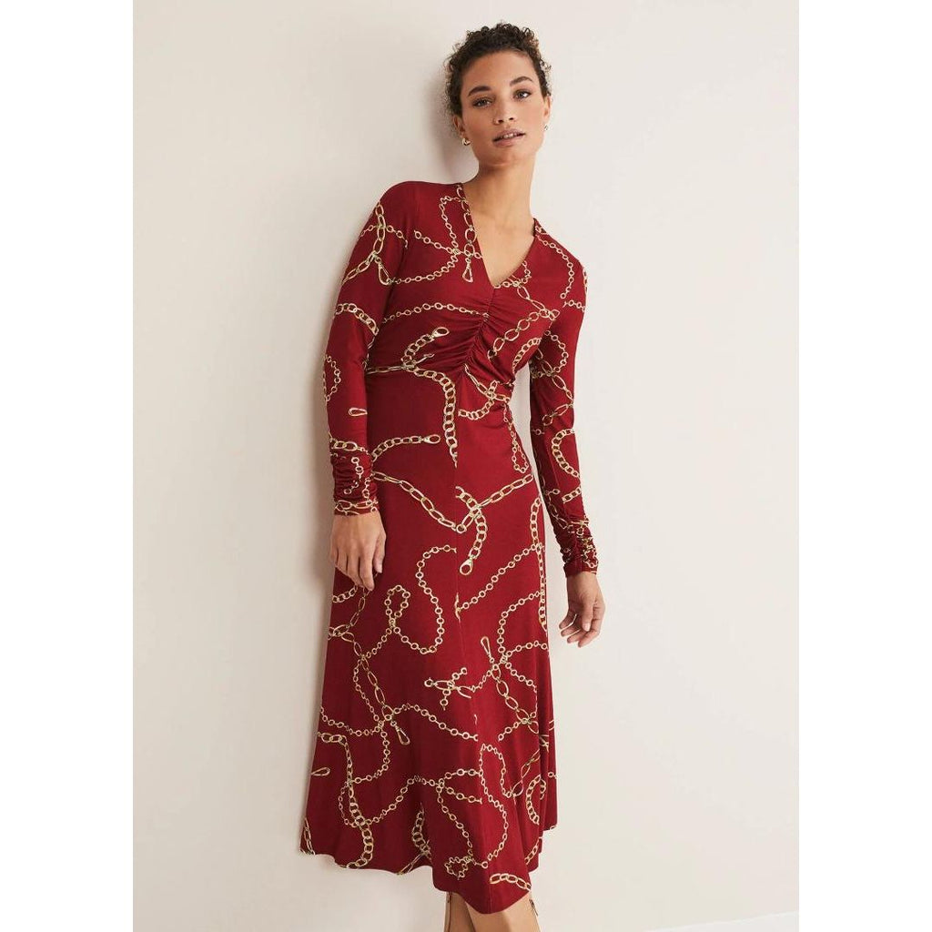 Phase Eight Cheska Chain Print Ruched Dress - Dark Red - Beales department store