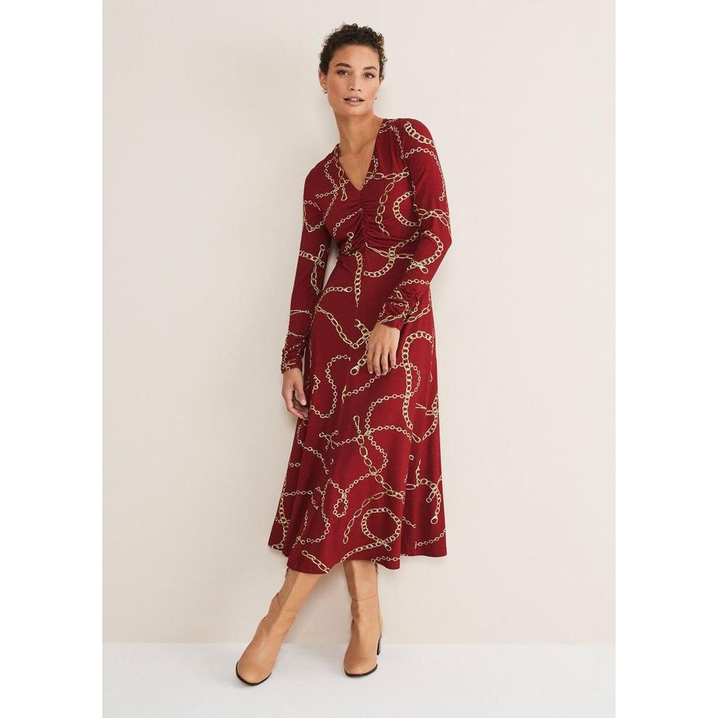 Phase Eight Cheska Chain Print Ruched Dress - Dark Red - Beales department store